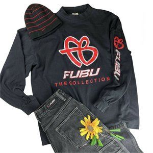 VTG FUBU FB Logo long Sleeve Spell Out Bigger T Shirt Crew neck 2XL Black Red